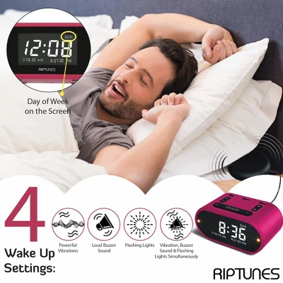 Riptunes 3-In-1 Vibrating Alarm Clock With Bed Shaker - Pink - Image 2