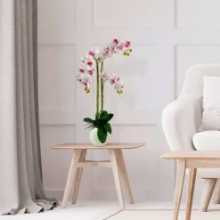 32" Artificial Ceramic Orchid Pot White With Pink - LCG Florals