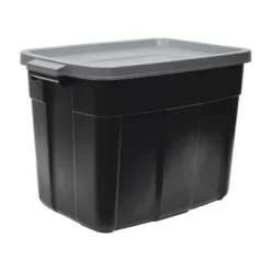 Rubbermaid Roughneck Tote 18 Gallon Stackable Storage Container Organizer Bin With Snap Stay Tight Lid And Easy Carry Handles, Black (6 Pack)