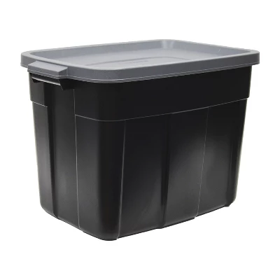 Rubbermaid Roughneck Tote 18 Gallon Stackable Storage Container Organizer Bin With Snap Stay Tight Lid And Easy Carry Handles, Black (6 Pack)