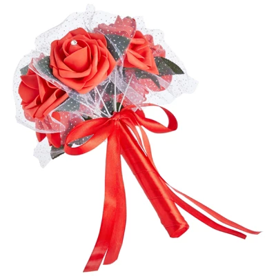 Sparkle And Bash Red Artificial Roses Foam Bouquet For Bride & Bridesmaids, Faux Fake Flowers For Wedding Party Decorations, 9.5 In - Image 5
