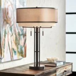 Franklin Iron Works Andes Modern Industrial Table Lamp 27 1/2" Tall Oil Rubbed Bronze Metal Stacked Double Fabric Drum Shade For Bedroom Living Room