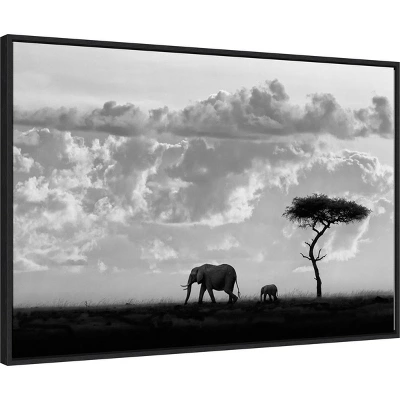 33" X 22" Elephant Silhouettes At Maasai Mara By 1x Framed Canvas Wall Art Black - Amanti Art