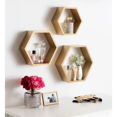 3pc Putnam Hexagon Wood Shelf Set Gold - Kate & Laurel All Things Decor - Image 5