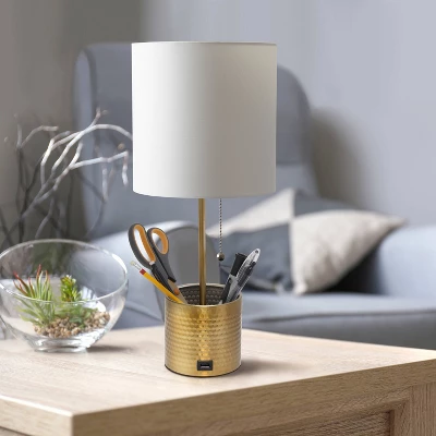 Hammered Metal Organizer Table Lamp With USB Charging Port And Fabric Shade - Simple Designs - Image 3