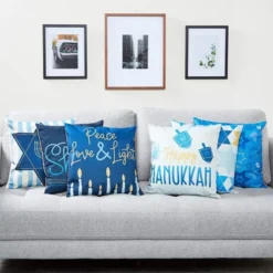 Juvale Set Of 6 Hanukkah Decorative Pillow Case Cushion Covers 18 X 18 In, Blue