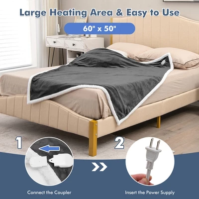 Tangkula 50" X 60" Heated Electric Reversible Flannel & Fleece Blanket Throw W/10 Heat Levels, 9 Hours Auto Shut-Off, Overheat Protection Gray - Image 9