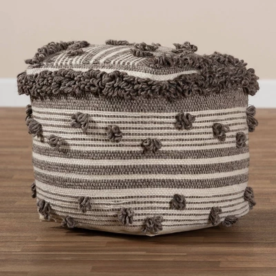 Eligah Handwoven Wool Moroccan Inspired Pouf Ottoman Ivory/Brown - Baxton Studio - Image 3