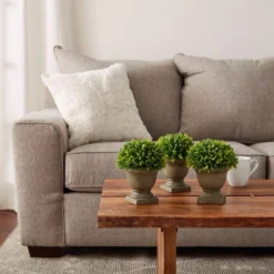 Artificial Podocarpus Grass Plant In Concrete Pot- Round Set Of 3, 7.5 Decorative Faux Indoor Ornamental Potted Topiary By Pure Garden