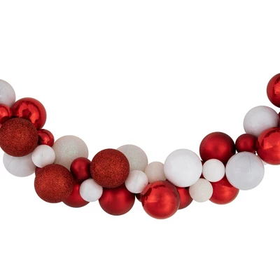 Northlight 6' Red And White 3-Finish Shatterproof Ball Christmas Garland - Image 2
