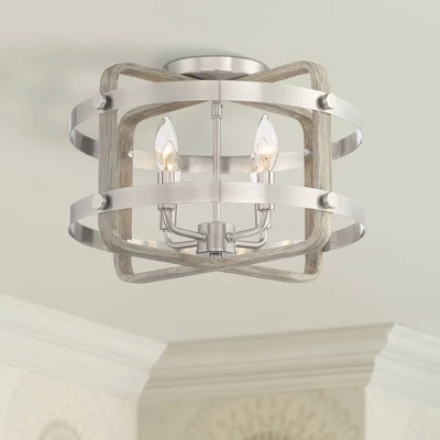 Barnes And Ivy Woodway Modern Farmhouse Ceiling Light Flush Mount Fixture 15 3/4" Wide Brushed Nickel Wood Grain 4-Light For Bedroom Living Room House