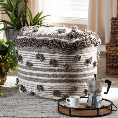 Eligah Handwoven Wool Moroccan Inspired Pouf Ottoman Ivory/Brown - Baxton Studio - Image 2