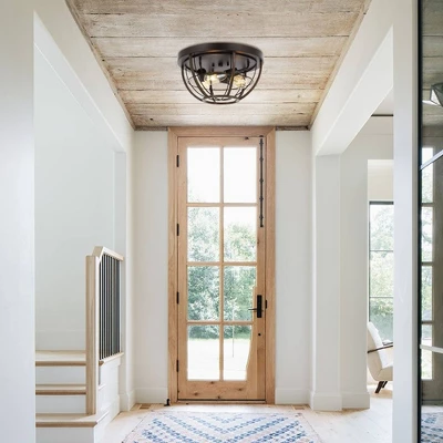 15.75" 3-Light Lyla Rustic Farmhouse Iron LED Flush Mount Wood Finished/Oil Rubbed Bronze - JONATHAN Y - Image 4