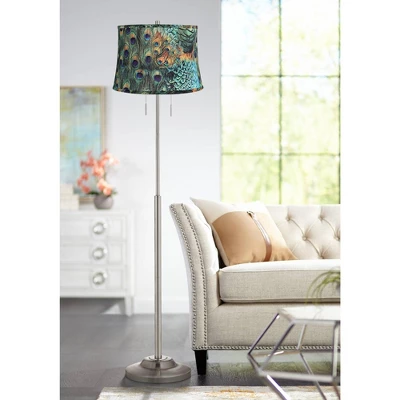 360 Lighting Abba Modern Floor Lamp Standing 66" Tall Brushed Nickel Silver Metal Peacock Print Drum Shade For Living Room Bedroom Office House Home