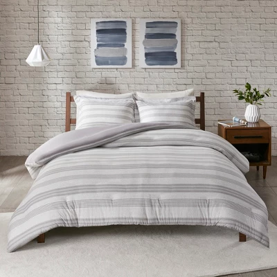 3pc Full/Queen Mason Stripe Print Knit Duvet Cover Set Gray - Image 2