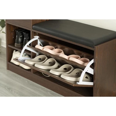 Basicwise Wooden Entryway Shoe Storage Bench With Cushion, Brown - Image 4