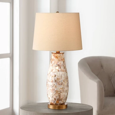 Regency Hill Cottage Table Lamps 26.5" High Set Of 2 Mother Of Pearl Tile Vase Beige Drum Shade For Living Room Family Bedroom Bedside Office - Image 6
