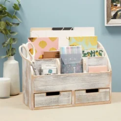 Farmlyn Creek Rustic Wood Desk Organizer With Drawers For Home And Office Supplies Storage, Vintage-Style, 14.5 X 10 X 6 In
