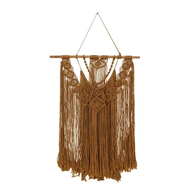49" X 27" Fabric Macrame Handmade Intricately Weaved Wall Decor With Beaded Fringe Tassels Brown - Olivia & May - Image 4