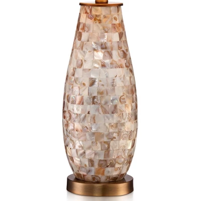 Regency Hill Cottage Table Lamps 26.5" High Set Of 2 Mother Of Pearl Tile Vase Beige Drum Shade For Living Room Family Bedroom Bedside Office - Image 4