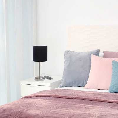 19.5" Bedside USB Port Feature Metal Table Desk Lamp Brushed Steel With Black Fabric Shade - Creekwood Home - Image 7