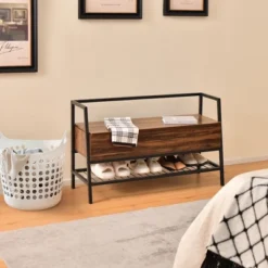 Costway Industrial Shoe Bench Rack Organizer WithPremium Gas Lift & Hidden Storage Box