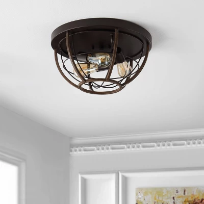 15.75" 3-Light Lyla Rustic Farmhouse Iron LED Flush Mount Wood Finished/Oil Rubbed Bronze - JONATHAN Y - Image 2