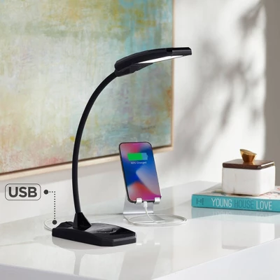 360 Lighting Ricky Modern Desk Lamp 13 3/4" High Black With USB Charging Port LED Gooseneck Touch On Off Dimmer For Bedroom Bedside Office House Desk