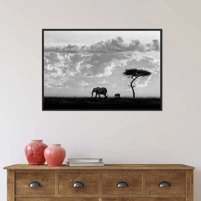 33" X 22" Elephant Silhouettes At Maasai Mara By 1x Framed Canvas Wall Art Black - Amanti Art - Image 7