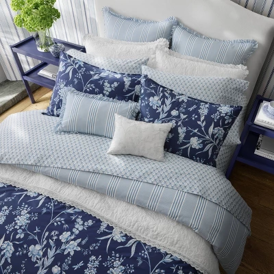 Laura Ashley 7pc Full/Queen Branch Toile 100% Cotton Comforter Sham Bonus Set Blue - Image 3