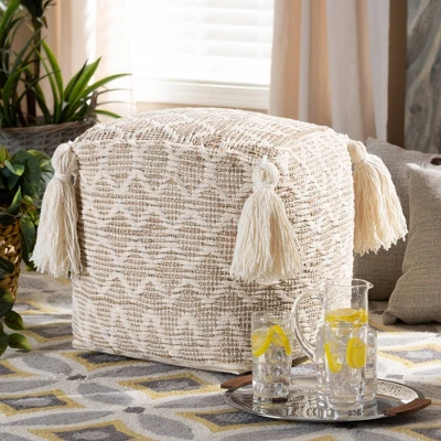 Noland Handwoven Moroccan Inspired Pouf Ottoman Natural/Ivory - Baxton Studio - Image 2