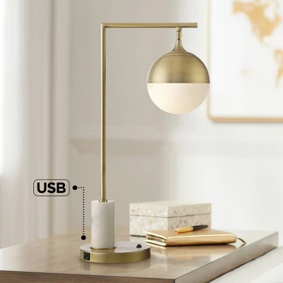 Possini Euro Design Luna Mid Century Desk Table Lamp 26 1/2" High Brass Metal With USB Charging Port Opal Glass Shade For Bedroom Living Room Bedside