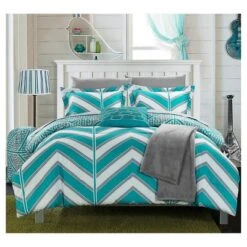 Amaretto Chevron And Geometric Printed Reversible Comforter Set 8 Piece (Twin XL) Aqua - Chic Home Design