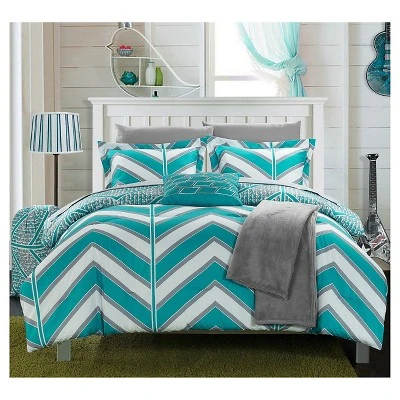 Amaretto Chevron And Geometric Printed Reversible Comforter Set 8 Piece (Twin XL) Aqua - Chic Home Design