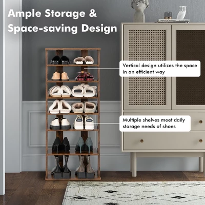 Costway Patented 7-Tier Double Rows Shoe Rack Vertical Wooden Shoe Storage Organizer Rustic White/Brown - Image 4
