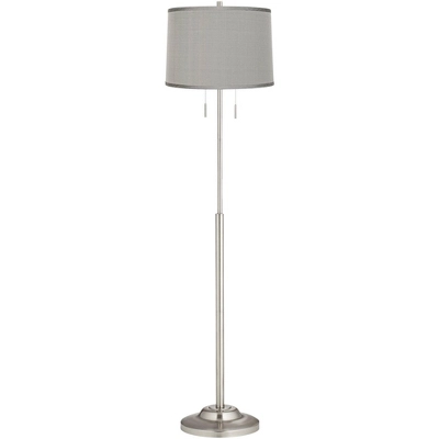 360 Lighting Abba Modern Floor Lamp 66" Tall Brushed Nickel Platinum Gray Dupioni Silk Drum Shade For Living Family Room Bedroom Office House Home