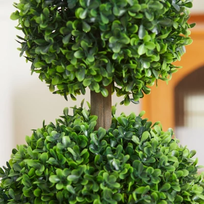 HOMCOM 2 Pack 23.5" Artificial Boxwood Topiary Ball Trees Set Of 2, Double Ball-Shaped Boxwood Artificial Topiary Plants For Indoor Outdoor, Green - Image 4