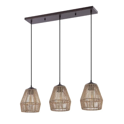 30" LED 3-Light Seagrass/Metal Ibiza Island Coastal Pendant Oil Rubbed Bronze/Natural - JONATHAN Y - Image 3