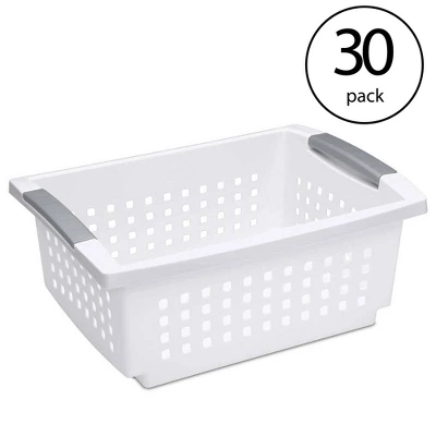 Sterilite Medium Sized Stackable Storage Bin And Organization Basket With Flip Down Accent Rails For Home And Household Organization, White (30 Pack)