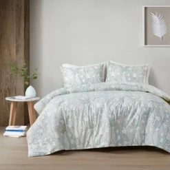 Anya Vine Printed Cotton Duvet Cover Set Aqua Blue - Urban Habitat