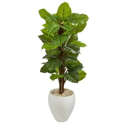 Nearly Natural 5-ft Large Leaf Philodendron Artificial Plant In White Oval Planter (Real Touch)