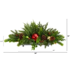 Nearly Natural 24-in Cedar Pine, Pinecones And Ornaments Artificial Christmas Arrangement In Tin Vase
