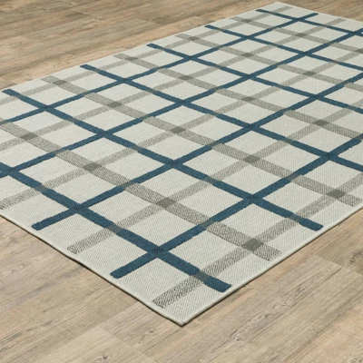Trinity Textured Plaid Patio Area Rug Beige/Blue - Captiv8e Designs - Image 2