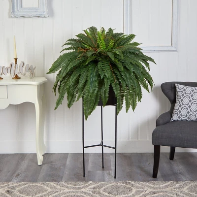 Nearly Natural 51-in Boston Fern Artificial Plant In Black Planter With Stand - Image 2