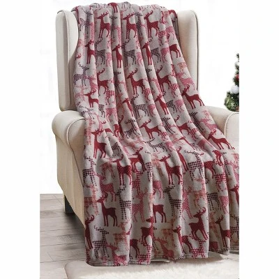 Kate Aurora Ultra Soft & Cozy Christmas Plaid Reindeer Plush Throw Blanket Cover - 50 In. W X 60 In. L